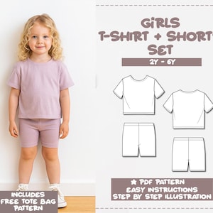 Patrón de costura para camiseta y shorts de ciclista para niñas (descarga en PDF, tallas de 2 a 6 años) - Incluye patrón de bolso de mano adicional