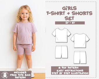 Girls T-Shirt & Biker Shorts Sewing Pattern (PDF Download, 2Y-6Y) - Includes Bonus Tote Bag Pattern