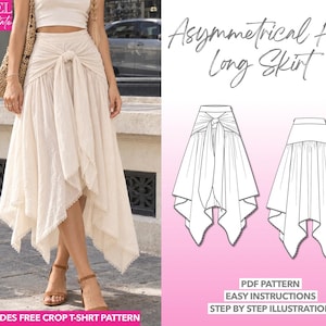 Asymmetrical Hem Skirt Sewing Pattern Front Tie Skirt PDF Pattern Boho Skirt Sewing Pattern Women Maxi Skirt Pattern Tie Front Skirt Pattern