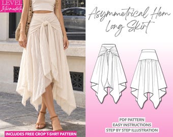 Asymmetrical Hem Skirt Sewing Pattern Front Tie Skirt PDF Pattern Boho Skirt Sewing Pattern Women Maxi Skirt Pattern Tie Front Skirt Pattern