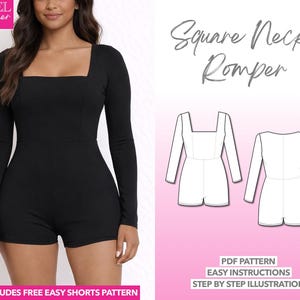 Square Neck Romper Pattern Unitard Romper Long Sleeve Romper Women Active Wear Jumpsuit PDF Pattern Athletic Wear Pattern Athleisure Outfit