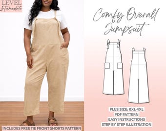 Plus Size Jumpsuit Sewing Pattern: Women's Overalls Dungarees (PDF Pattern 0XL-4XL)