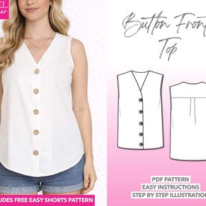 Sleeveless Top Sewing Pattern Women Linen Blouse Button Front Blouse Easy Lightweight Blouse Summer Buttoned Top Beginner Friendly Pattern