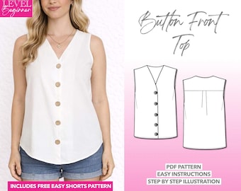 Sleeveless Top Sewing Pattern Women Linen Blouse Button Front Blouse Easy Lightweight Blouse Summer Buttoned Top Beginner Friendly Pattern