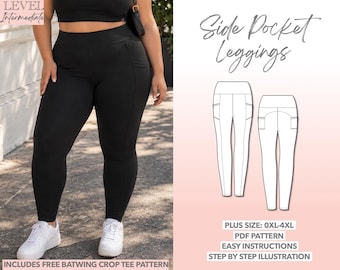 Patrón de costura para leggings de tallas grandes con bolsillos, pantalones de yoga para tallas grandes en PDF, pantalones deportivos, leggings elásticos para ejercicio, ropa deportiva de tallas grandes