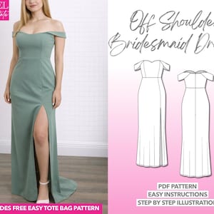Patron de couture de robe de demoiselle d'honneur à épaules dénudées : cuisse fendue (téléchargement PDF, TP-XXXL)