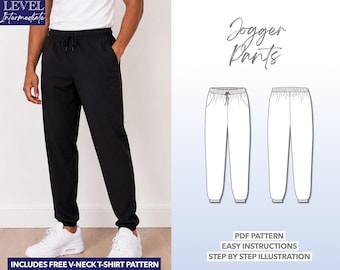 Patrón de costura para pantalones deportivos de hombre, ideal para principiantes. Patrón de costura en PDF para pantalones de hombre. Pantalones de punto, proyecto de costura fácil. Pantalones deportivos para hombre.