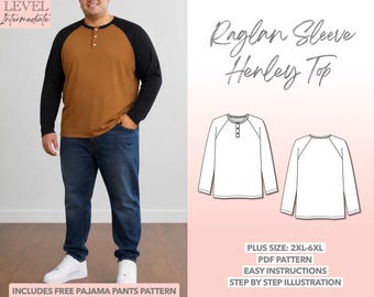 Patrón PDF para camiseta Henley de manga larga raglán para hombre, tallas grandes – Descarga PDF (2XL–6XL)