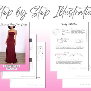 Tube Mermaid Maxi Prom Dress sewing pattern instruction booklet showing step by step illustrations to make the garment.