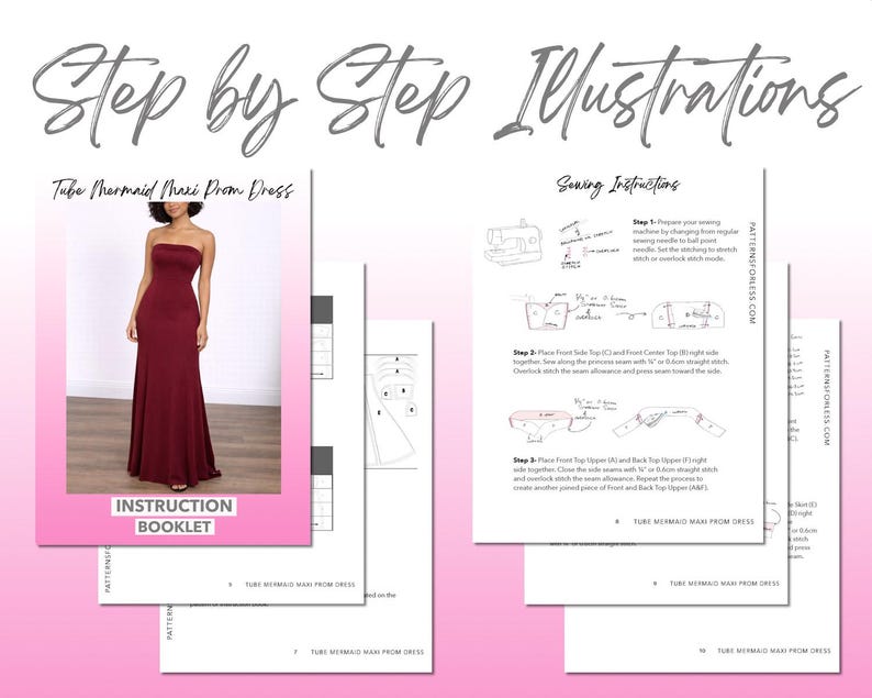Tube Mermaid Maxi Prom Dress sewing pattern instruction booklet showing step by step illustrations to make the garment.
