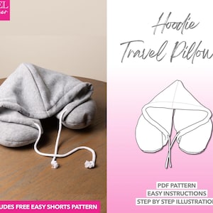 Patrón de costura de almohada de viaje con capucha Accesorios Patrón PDF Patrón de costura de sudadera con capucha Patrón de almohada portátil para viajes Patrón de almohada para el cuello PDF