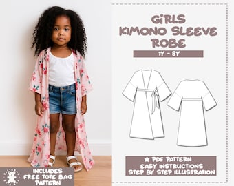 Padrão de costura para robe de manga quimono para meninas (tamanhos 1 a 8 anos) (padrão em PDF)