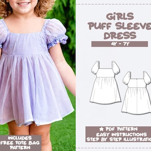 Girl Dress Sewing Pattern 4Y-7Y Puff Sleeve Dress Pattern Kids Dress Sewing Pattern Square Neck Dress PDF Pattern Party Dress Princess Dress