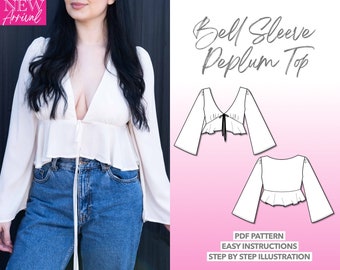 Top Sewing Pattern Bell Sleeve Tie Front Peplum Top PDF Pattern Women Sewing Pattern Blouse Pattern Cute Top Sewing Pattern