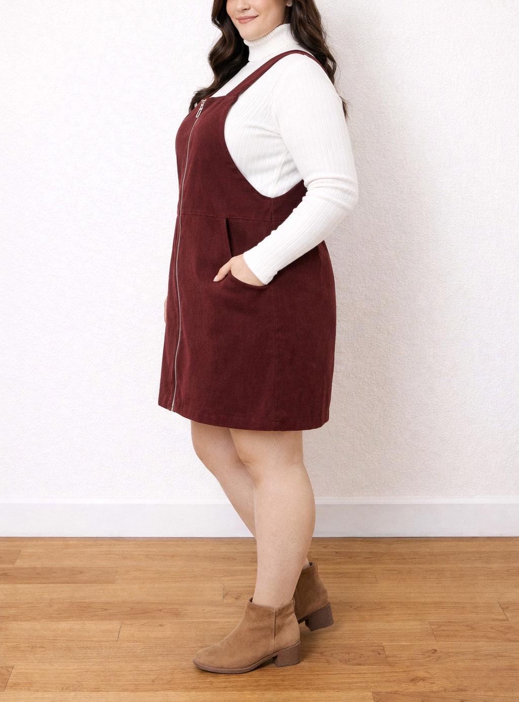 overall dress burgundy Plus Size Mini Sewing Pattern, Curvy Size Dress, Fall Mini Dress for Women, Zip up Dress Pattern With Pockets, Pinafore Dress Rylee