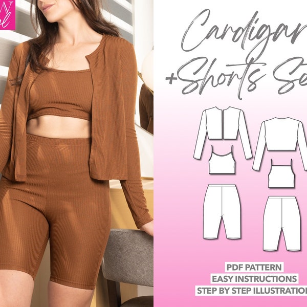 Cardigan and Biker Shorts Set Sewing Pattern Loungewear Set Women Sewing Pattern Crop Top PDF Pattern Shorts Sewing Pattern Leggings Pattern