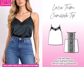 Naaipatroon voor een topje met kanten rand, kanten camisole topje (PDF-patroon), naaipatroon voor een sexy camisole, camisole topje met spaghettibandjes.