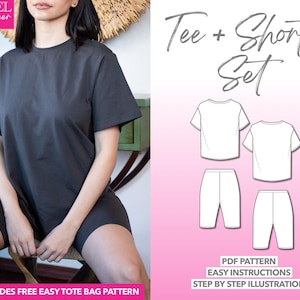 Tee And Biker Shorts Set Sewing Pattern Loungewear Pattern Women Sewing Pattern T-Shirts PDF Pattern Shorts Sewing Pattern Leggings Pattern