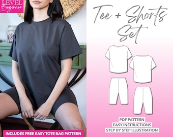 Tee and Biker Shorts Sewing Pattern: Loungewear Set (PDF Pattern, XS-XXXL)