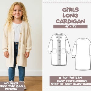 Girls Long Cardigan Sewing Pattern 4Y-7Y (PDF Pattern)