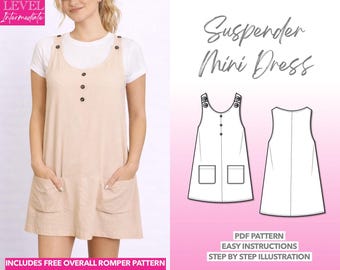 Shift Dress Sewing Pattern Suspender Dress PDF Pattern Women Dress with Pockets Overall Dress Pattern Mini Dress Pattern Overalls for Women