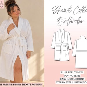 Plus Size Shawl Collar Bathrobe Sewing Pattern Morning Gown Beginner Bathrobe Pattern Larger Size Robe Pattern Lounging Terrycloth Robe PDF