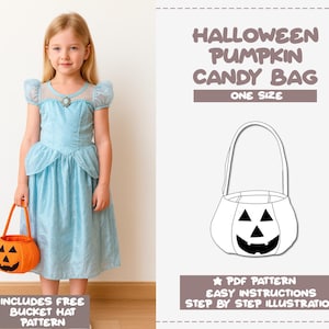 May include: A young girl in a light blue dress holds an orange pumpkin-shaped candy bag. The bag has a black jack-o'-lantern face. Text on the image reads "Halloween Pumpkin Candy Bag" and "Includes Free Bucket Hat Pattern".