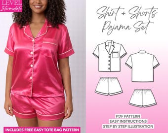 Patrón de costura para conjunto de pijama Patrón de costura para camisa con cuello Patrón de costura para pantalones cortos Patrón de pijama en PDF Patrón de costura para mujer Patrón de ropa de dormir PJs