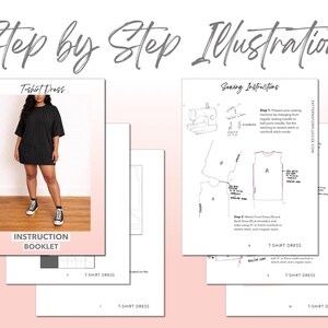 Plus Size T-Shirt Dress sewing pattern instruction booklet showing step by step illustrations to make the garment.