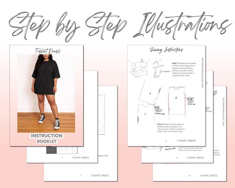 Plus Size T-Shirt Dress sewing pattern instruction booklet showing step by step illustrations to make the garment.