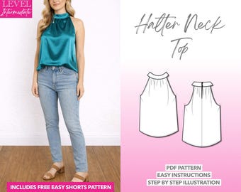 Padrão de costura para blusa com decote halter: blusa feminina sem mangas (padrão em PDF XS-XXXL)