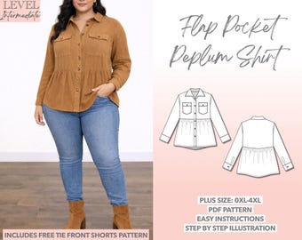 Naaipatroon peplumshirt grote maten: klepzak, verlaagde schouder (pdf-patroon 0XL-4XL)