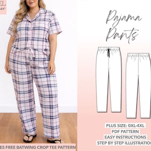 Patrón de costura para pantalones de pijama de talla grande para mujer (PDF, tallas 0XL-4XL)