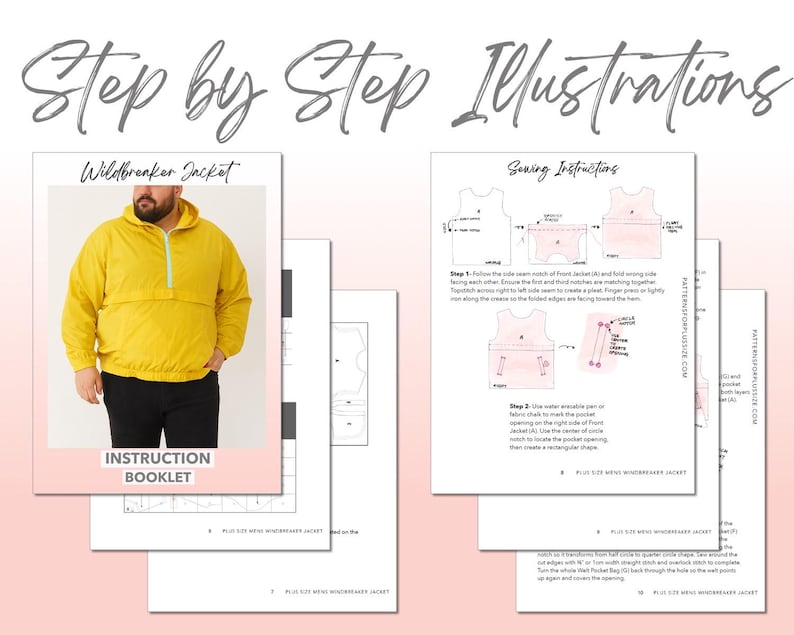 Plus Size Mens Windbreaker Jacket sewing pattern instruction booklet showing step by step illustrations to make the garment.