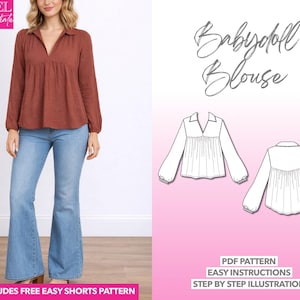 Babydoll Blouse Sewing Pattern: V-Neck Boho Top (PDF Pattern XS-XXXL)