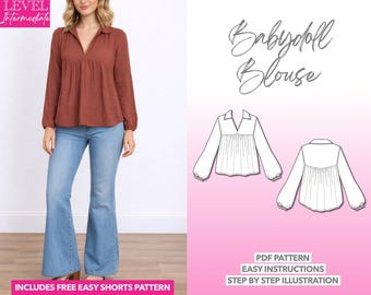 Molde de Blusa Babydoll: Blusa Boho com Decote em V (Modelo PDF XS-XXXL)