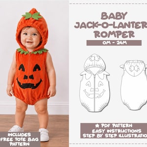 Puede incluir: Un patrón de costura para un mameluco de bebé de calabaza, talla 0M-24M. El diseño presenta un mameluco naranja con capucha, una cara de calabaza negra y detalles de hojas verdes. Incluye patrón PDF, instrucciones y patrón de bolsa gratis.