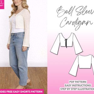 Bell Sleeve Crop Cardigan Sewing Pattern (PDF Pattern, XS-XXXL) + Bonus Shorts