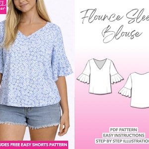 Molde de Blusa com Manga Babado em PDF - Modelo Fácil para Iniciantes - Blusa Feminina - Blusa para Escritório - Roupa de Trabalho - Camisa Elegante para o Escritório
