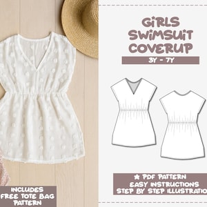 Patrón de costura para traje de baño de niña: Vestido túnica fácil (patrón PDF, tallas 3-7 años) Bolsa de regalo