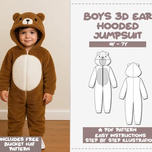 Jungen 3D Bär Ohr Kapuzen Jumpsuit Schnittmuster (4Y-7Y) (PDF Pattern)