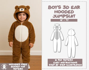 Boys 3D Bear Ear Hooded Jumpsuit Sewing Pattern (4Y-7Y) (PDF Pattern)