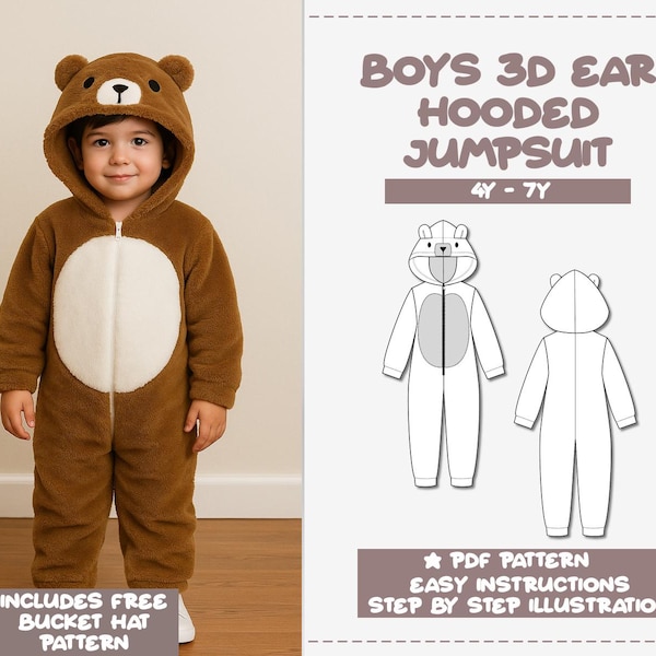 Boys 3D Bear Ear Hooded Jumpsuit Sewing Pattern (4Y-7Y) (PDF Pattern)