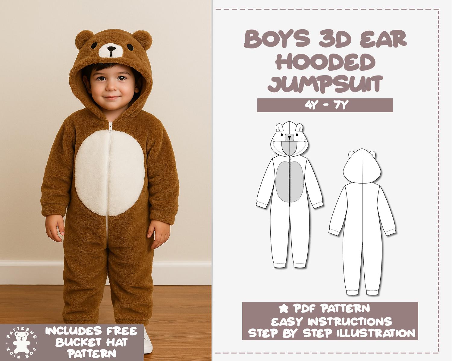 男の子用3Dクマ耳フード付きジャンプスーツの縫製パターン（4歳～7歳