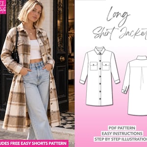 Shirt Jacket Sewing Pattern Women Shacket Over Coat Long Jacket Pattern Shirt-Blazer Work Shirt Coat Overshirt Pattern Utility Shirt Jacket