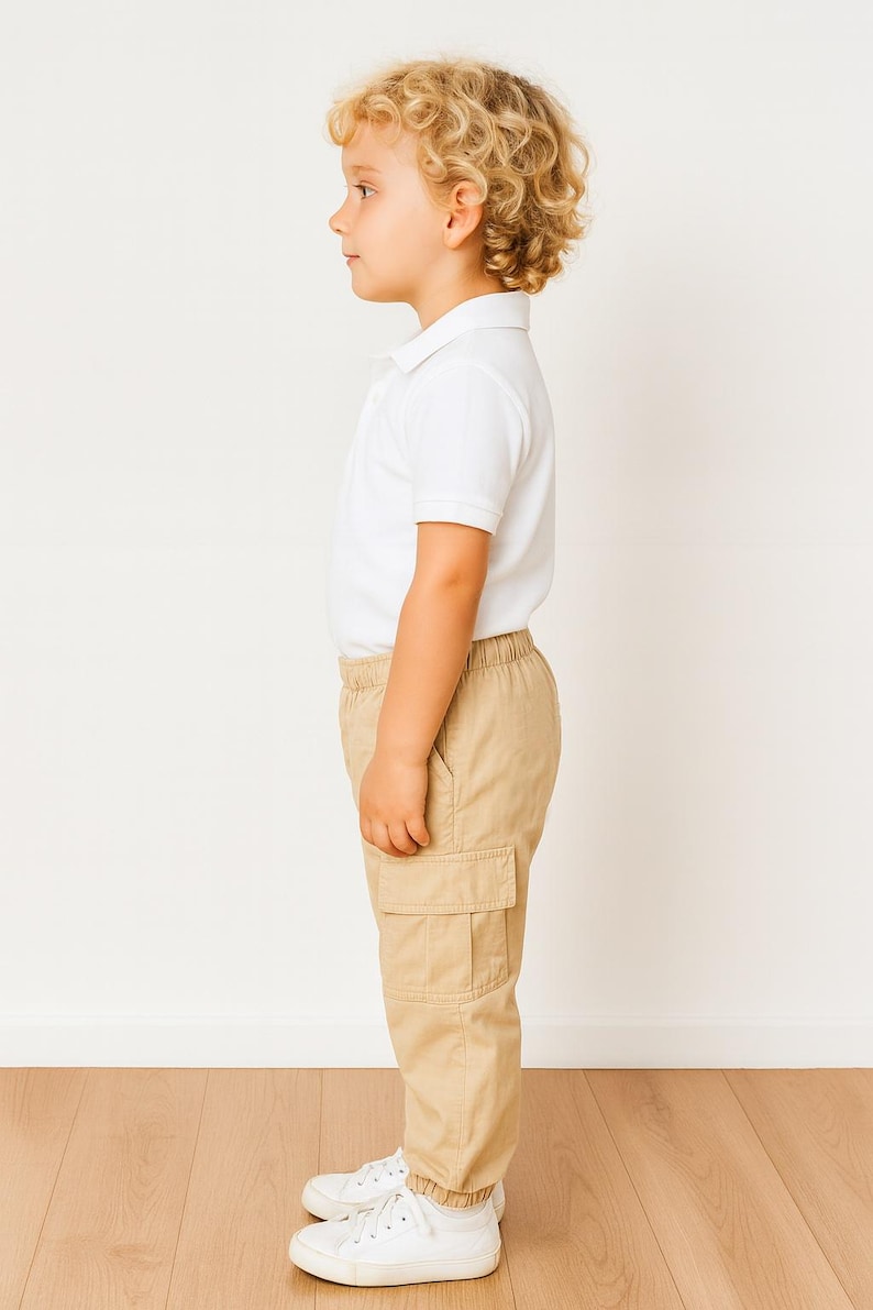 Side view of child wearing a white polo shirt and beige Cargo Pants standing on a wooden floor with a white wall background.