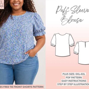 Patrón de costura para blusa de talla grande con mangas abullonadas, patrón de costura para top de mujer con curvas, patrón de top estilo cottagecore, patrón de top estilo lechera en PDF, tallas más grandes