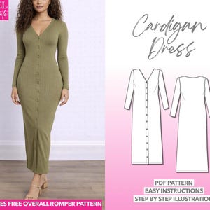Button Front Cardigan Dress Sewing Pattern: XS-XXXL (PDF Download) + Bonus Romper