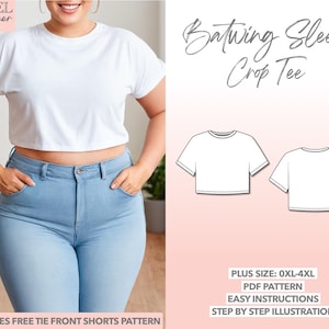 Plus Size Sewing Pattern 0XL-4XL Batwing Sleeve Crop Tee PDF Pattern Women Top Sewing Pattern Plus Size T-Shirt Pattern Tee Sewing Pattern