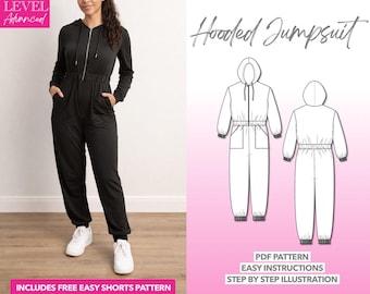 Schnittmuster für Kapuzenoverall, Damen-PDF-Schnittmuster, Loungewear-Schnittmuster, Strickoverall-Schnittmuster, Overall mit Reißverschluss, süßer Overall, Fliegeranzug-Schnittmuster